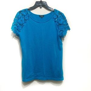 Escada Lace Sleeve Knit Blouse Shortsleeve Size Medium Blue Lagoon